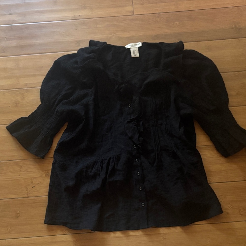 Laura Ashley Black Puff Sleeve Ruffle Button-Front Blouse